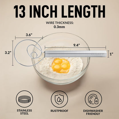 Zulay Kitchen 13-Inch Danish Dough Whisk - Stainless Steel Wooden Whisk with Dough Hook - Sourdough Whisk for Bread, Pizza, Pastry, Cake Batter & More - Wood
