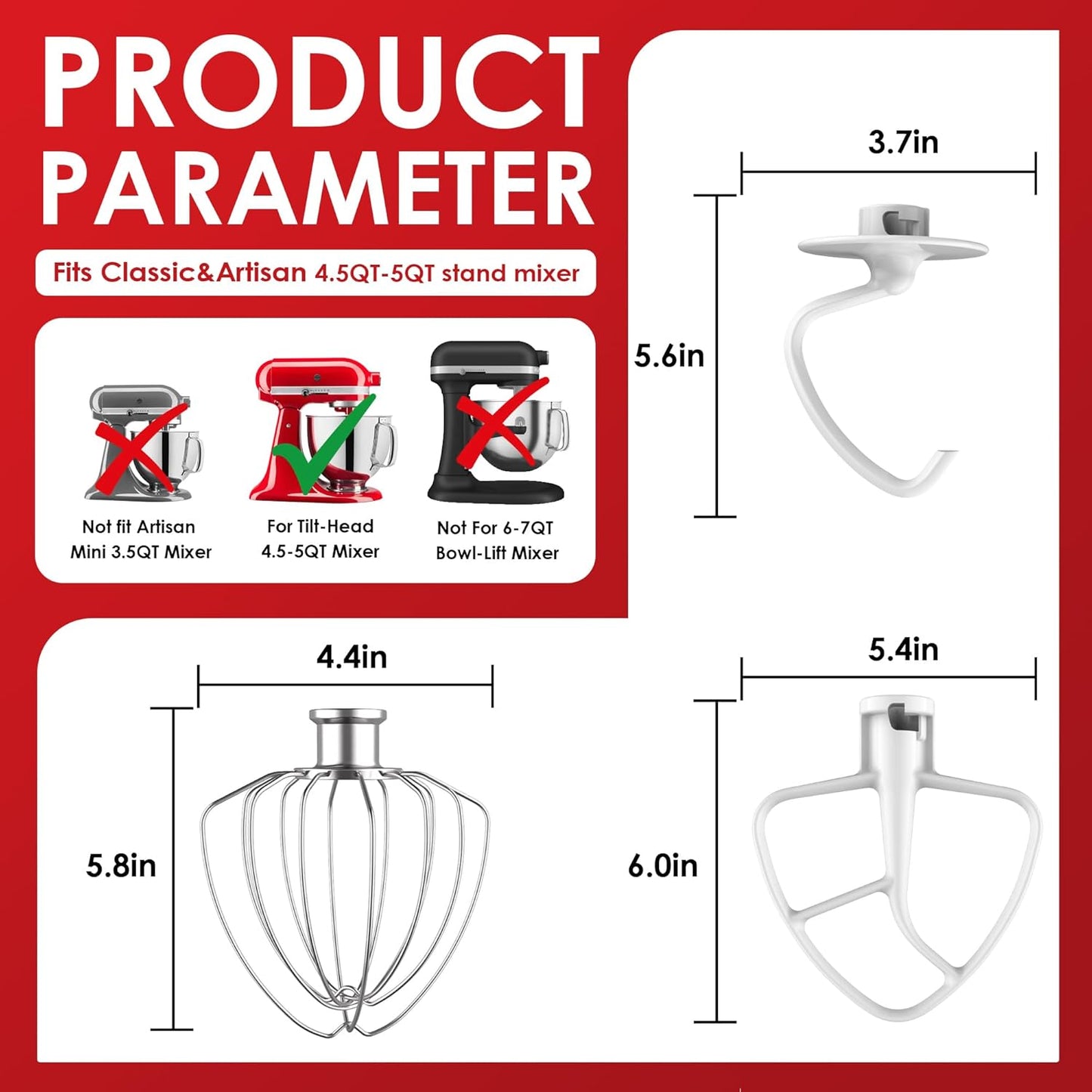 3-Piece Mixer Attachment Kit for KitchenAid 4.5/5 QT Tilt-Head Mixers, Stainless Steel K45WW Wire Whip, K45DH Dough Hook & K45B Coated Flat Beater, Baking Essentials Set, Dishwasher Safe