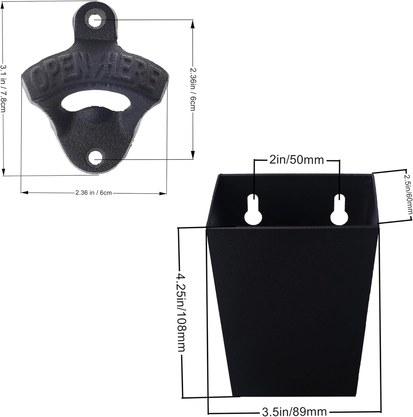 Satin Black Cast Iron Bottle Opener Wall Mounted with Bottle Cap Catcher Narrow