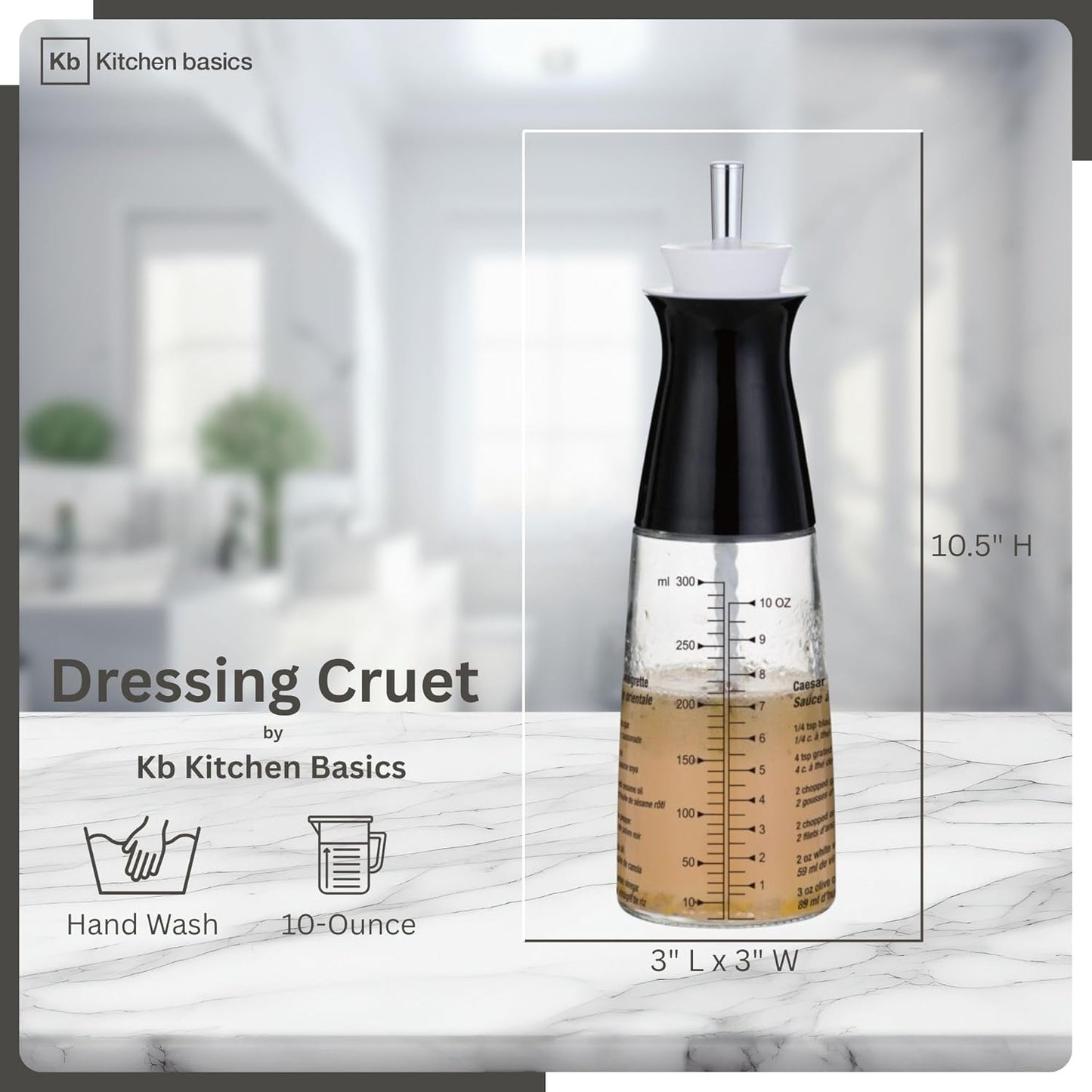 KB KITCHEN BASICS Salad Dressing Cruet 300ml/10oz - Refillable Glass Bottle with Etched Recipes, 3-in-1 Tool to Measure, Mix, Serve Dressings - Stylish & Functional Kitchen Essential