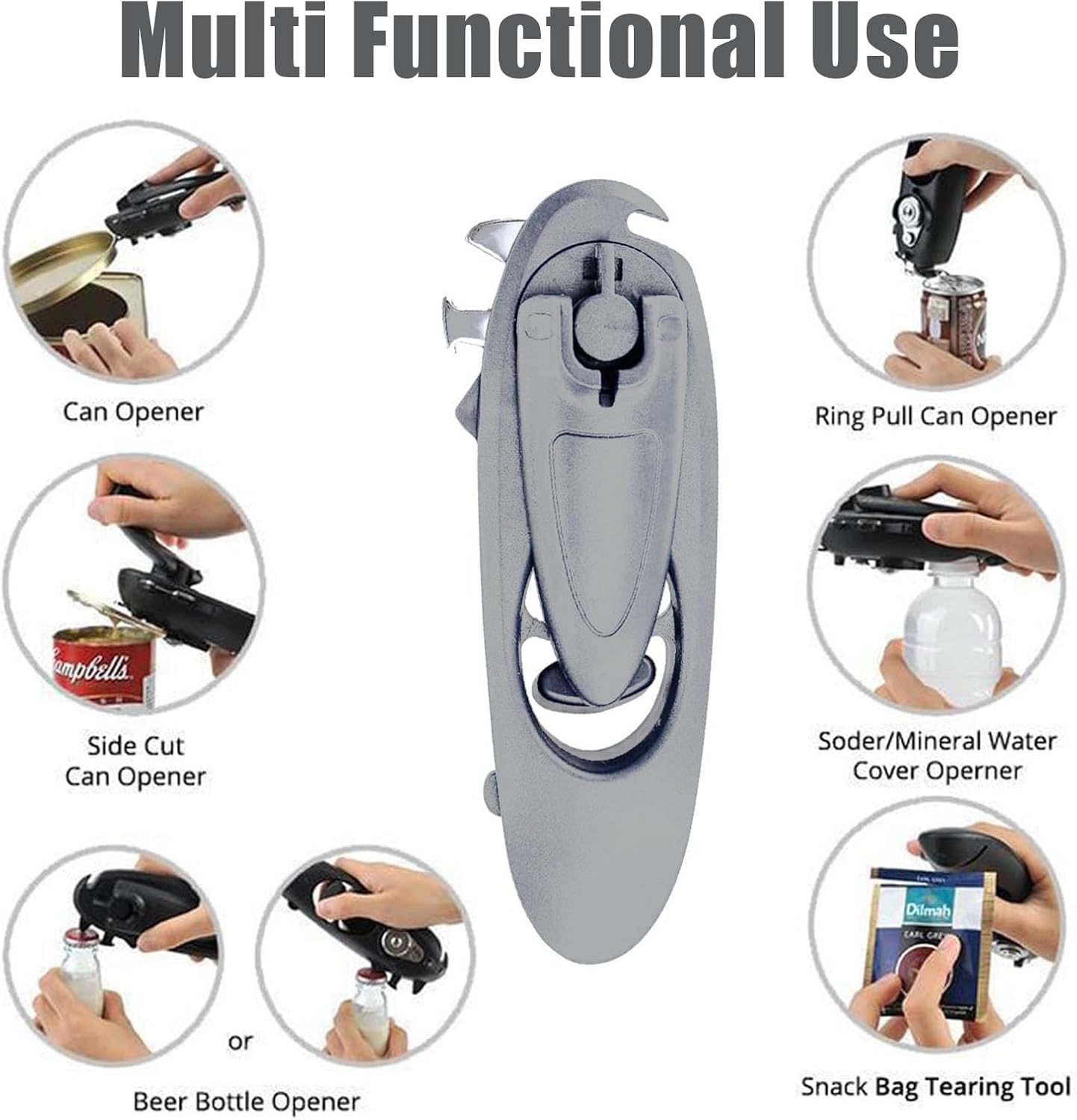 Can Opener 8-in-1 .Multi-functional manual Bottle Opener; hand-cranked Can Opener.Heavy Duty Can Opener Good Grips Anti-slip Hand Grip Stainless Steel and Easy to Use(Blue）