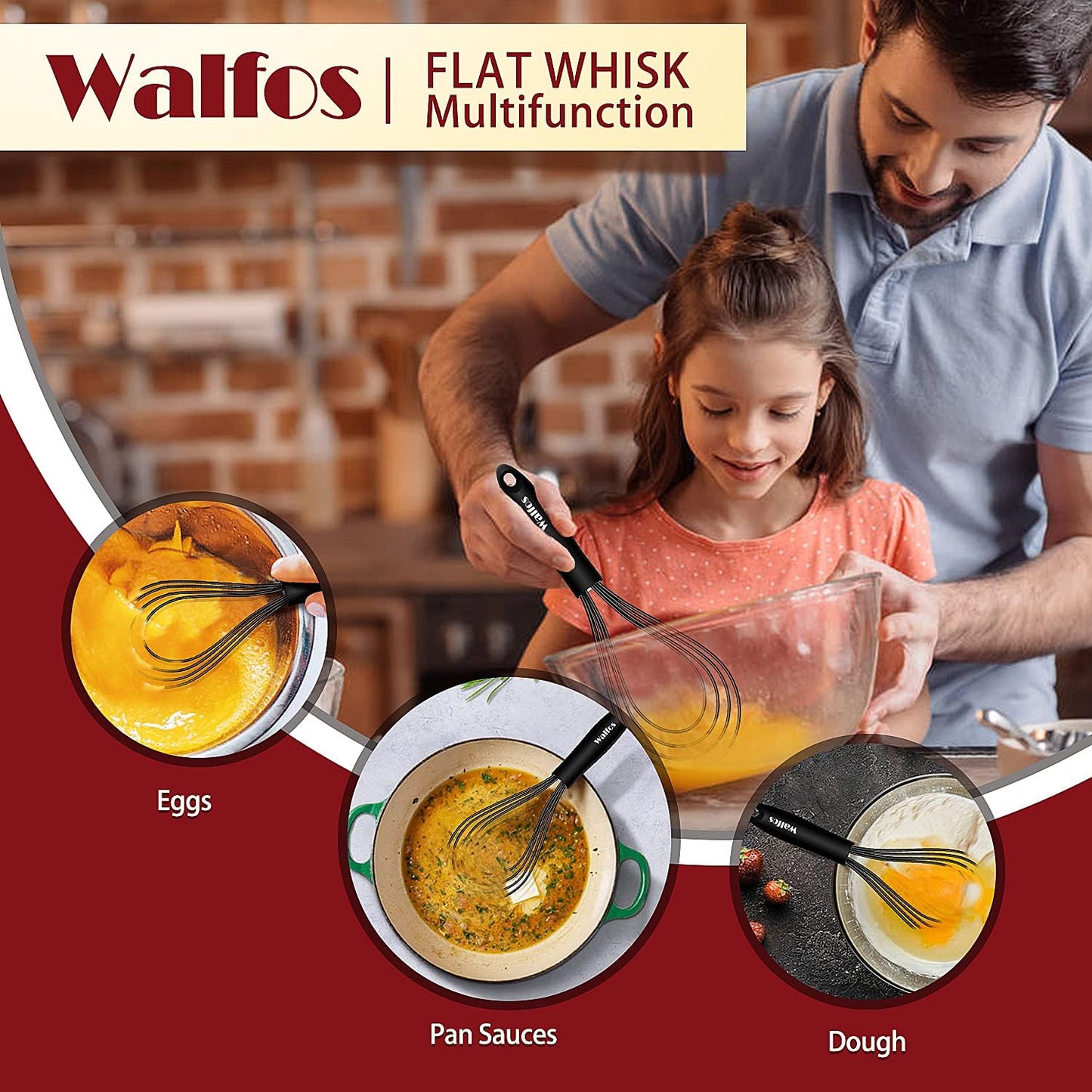 Walfos Whisk,304 Stainless Steel whisk,No-Rust 7+9+11inch Whisks for cooking Nice for Blending,Whisking,Beating.Heat resistant 600°F Dishwasher Safe. Heavy duty kitchen whisk.17.7+22.8+27.9cm -SILVER