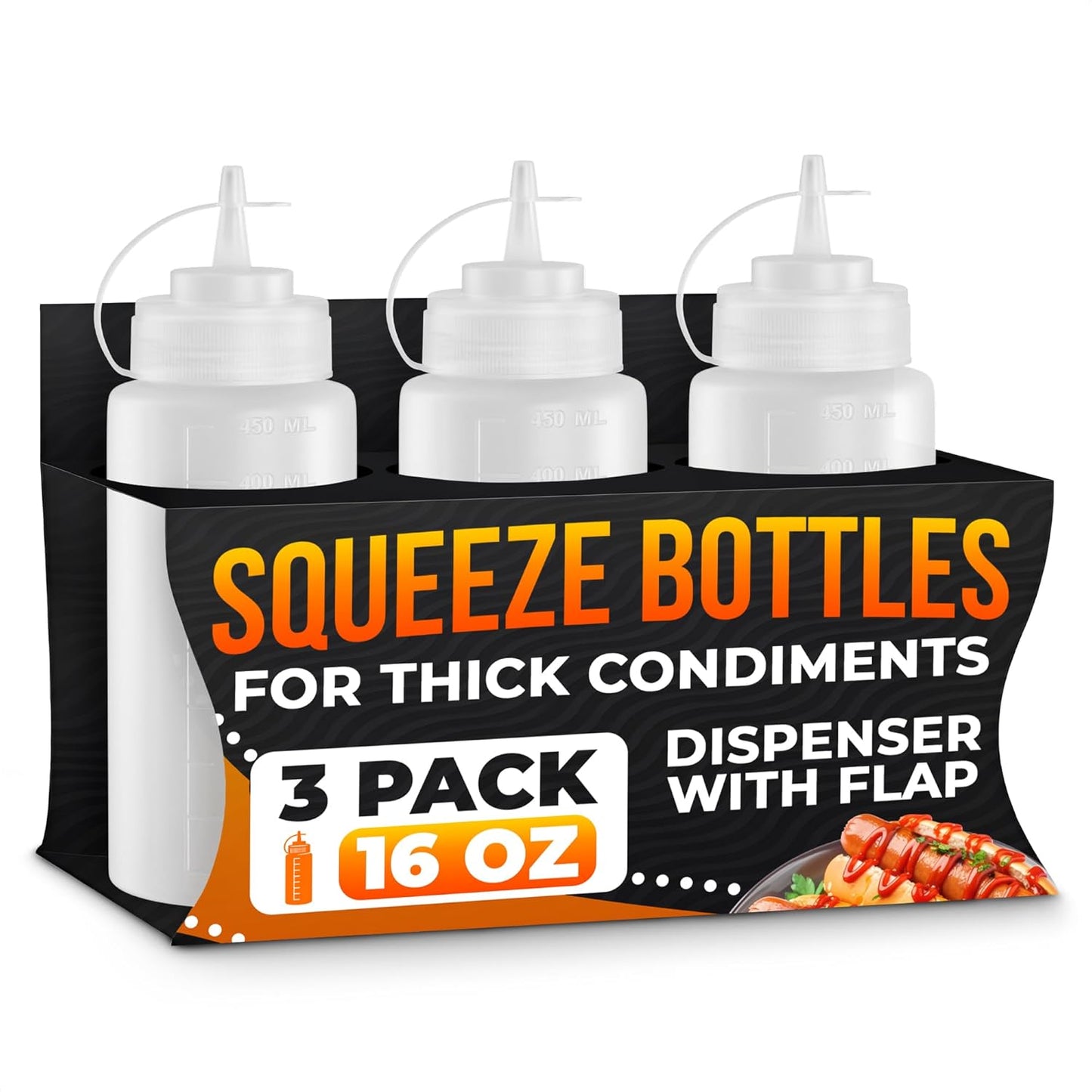 Set of 3 Inverted Condiment Squeeze Bottles 16 oz – Upgraded Design with Added Sealing Gaskets, Self-Closing Valve, Easy-to-Fill Clear Bottles for Sauces, Dressings, Ketchup, Mustard for Everyday Use