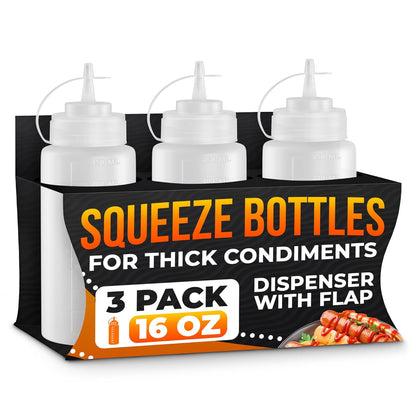 Set of 3 Inverted Condiment Squeeze Bottles 16 oz – Upgraded Design with Added Sealing Gaskets, Self-Closing Valve, Easy-to-Fill Clear Bottles for Sauces, Dressings, Ketchup, Mustard for Everyday Use