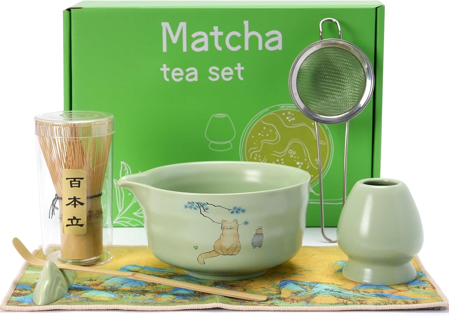 Matcha Whisk Set, Japanese Matcha Kit Set 7-Pcs with Matcha Bowl (Chawan), Matcha Whisk and Holder, Bamboo Scoop, Scoop Rest, Sifter and Tea Towel - Authentic Tea Ceremony Tools for Tea Lovers(Blue)