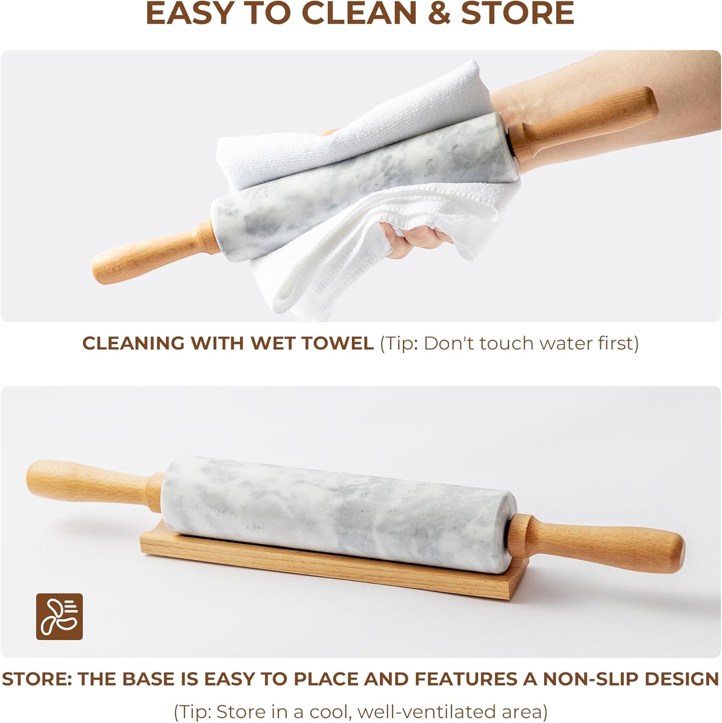 Marble Rolling Pin with Non-Stick Silicone Mat & Wood Base, 16.9-Inch Heavy Weight Dough Roller for Pizza Crust, Cookies, Pasta, Fondant, Pastry Polished Non-Stick Surface White (WH076)