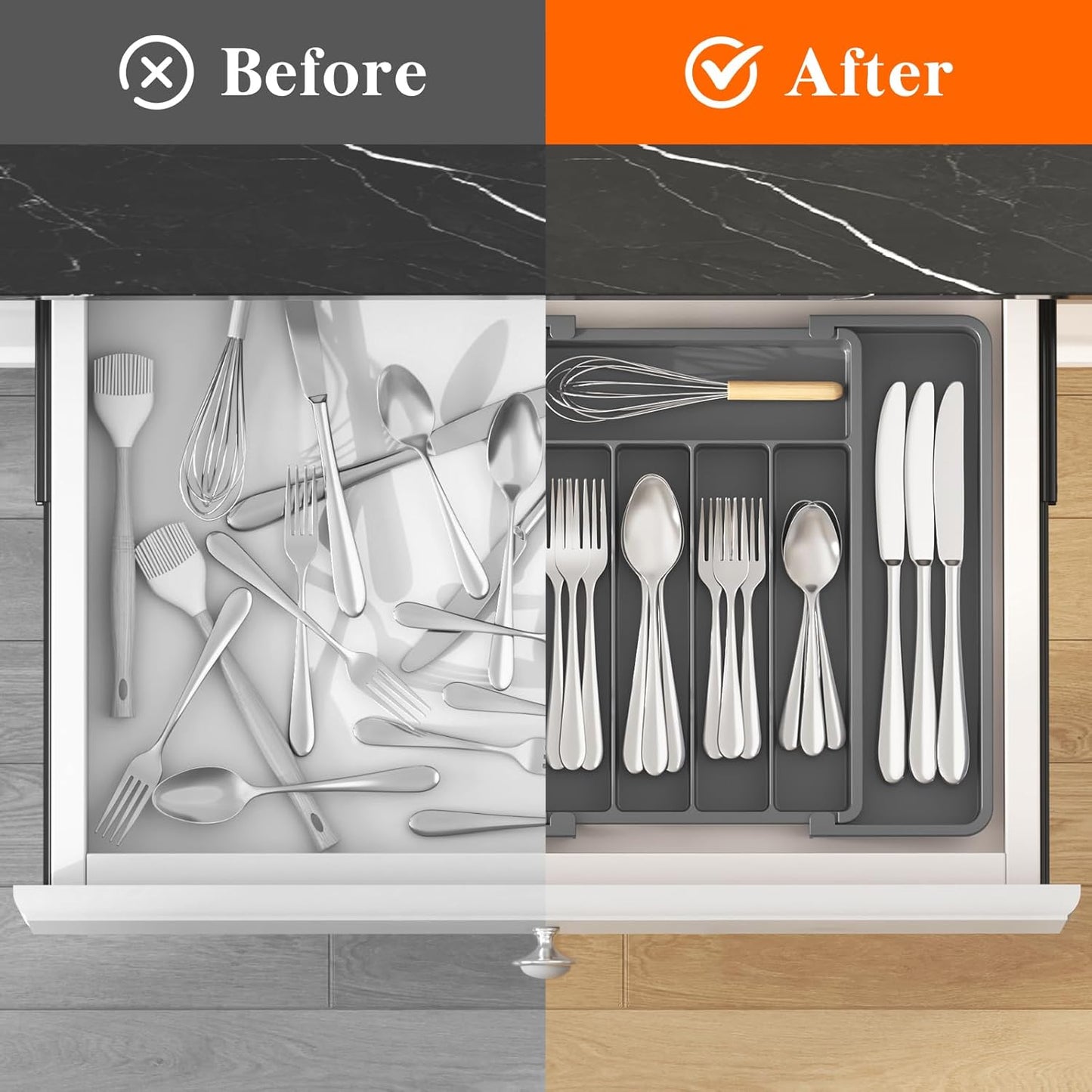 Lifewit Silverware Drawer Organizer, Expandable Utensil Tray for Kitchen, BPA Free Flatware and Cutlery Holder, Adjustable Plastic Storage for Spoons Forks Knives, 11-18 x 14", Black