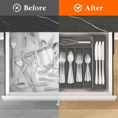 Lifewit Silverware Drawer Organizer, Expandable Utensil Tray for Kitchen, BPA Free Flatware and Cutlery Holder, Adjustable Plastic Storage for Spoons Forks Knives, 11-18 x 14", Black