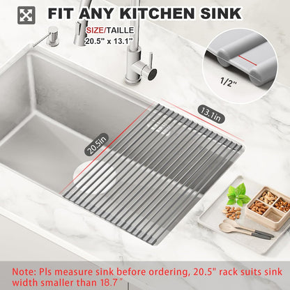 MERRYBOX Roll Up Over The Sink Dish Drying Rack Silicone Wrapped Foldable, Heat-Resistant, Anti-Slip Sink Rack Multipurpose Dish Drainer for Kitchen Sink Counter - White, 17.5" x 11"