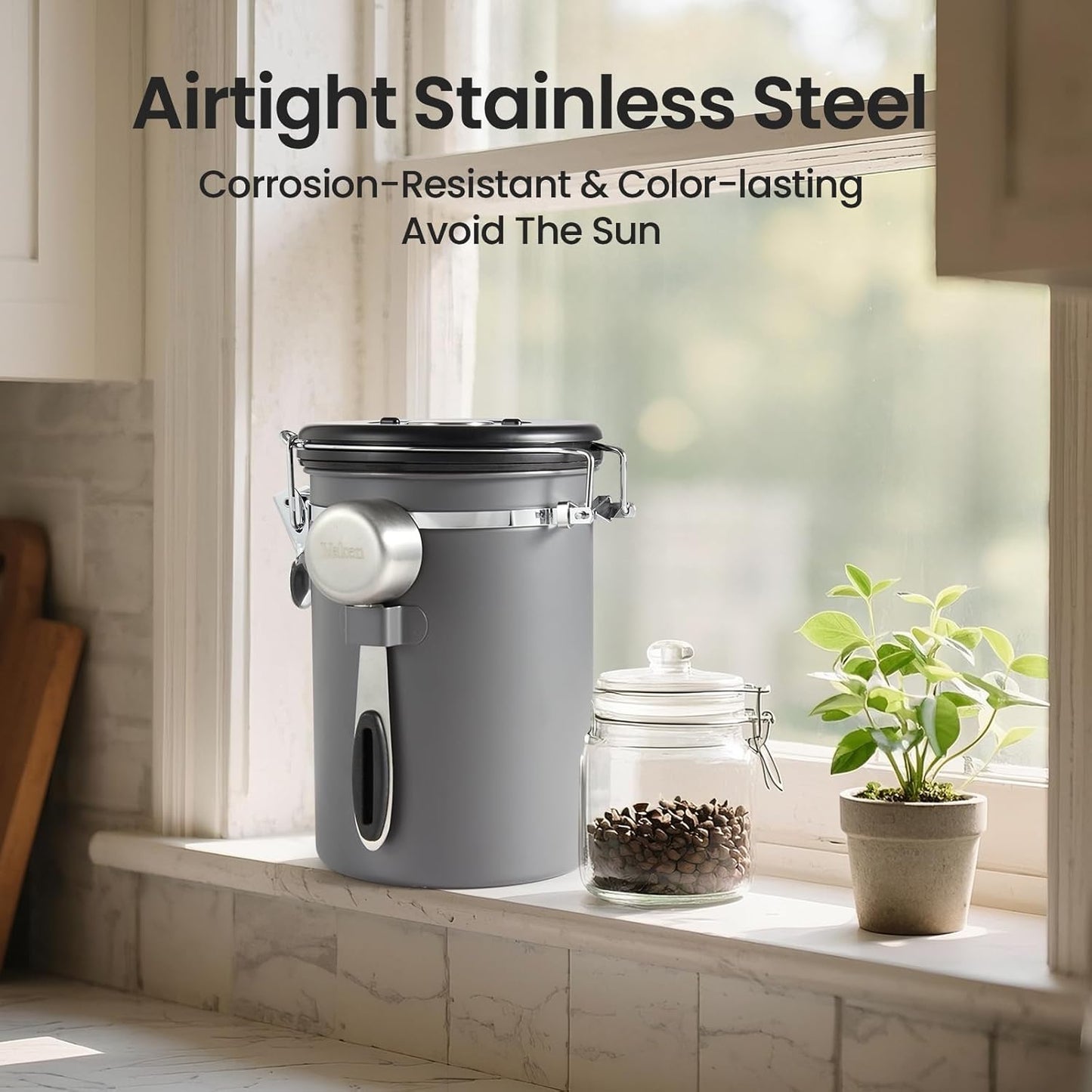 Veken Coffee Canister, Airtight Stainless Steel Kitchen Food Storage Container with Date Tracker and Scoop for Beans, Grounds, Tea, Flour, Cereal, Sugar, Cookie, 16OZ, Cream