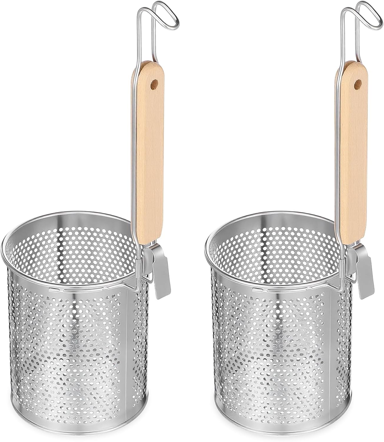 2 Pcs Pasta Strainer Basket, 5"x4.5" Stainless Steel Noodle Strainer with Wood Handle Kitchen Mesh Spider Strainers for Straining Pasta Noodles Dumpling
