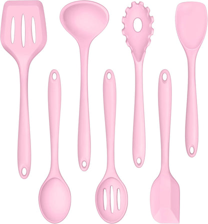 TeamFar Silicone Cooking Utensil Set of 7, Black Kitchen Nonstick Tools Turner Spoon Spatula Ladle Pasta Server for Nonstick Cookware, Healthy & One-Piece, Anti-Heat & Dishwasher Safe