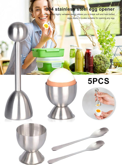 Xicennego Egg Cracker Topper Set of 5 - Includes 2 Egg Cups, 2 Spoons and 1 Cutter - Stainless Steel Easy Egg Opener