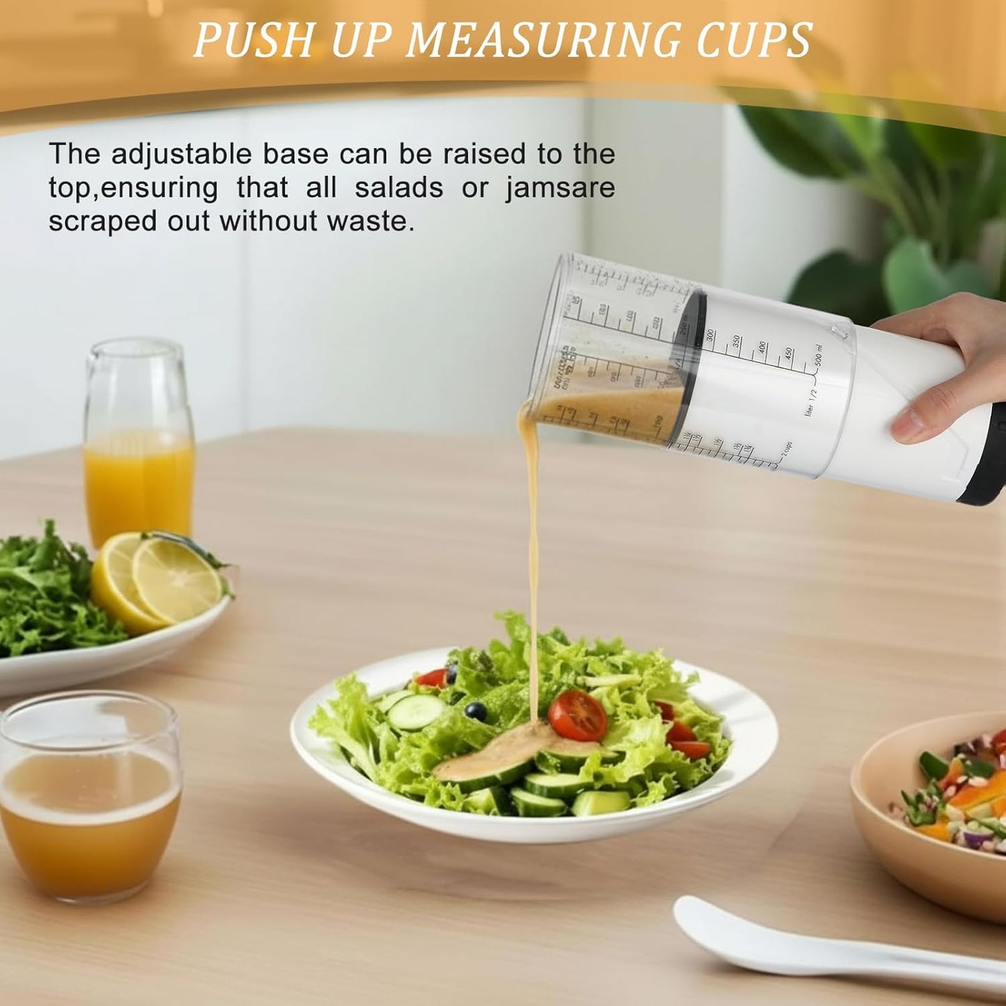 6 Pcs Adjustable Measuring Cups Set Includes 2 Cup Push up Measuring Cup and 5 Measurings Spoon for Peanut Butter 4 in 1 Liquid Dry Semi Solid Ingredient Home Cooking Tool