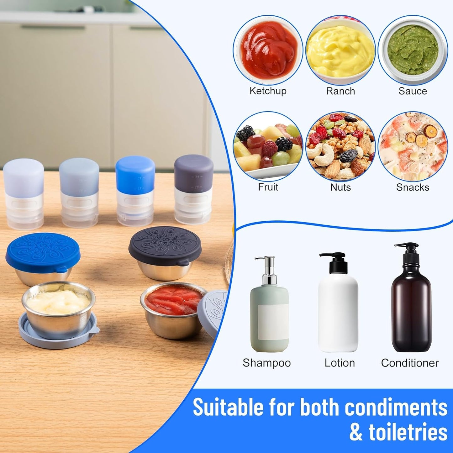 MICEBAY 8-Pack Salad Dressing Container To Go, 2-oz Silicone Small Condiment Squeeze Bottles and 1.6 oz Stainless Steel Sauce Containers Cups, Leakproof Condiment Containers with Lids for Lunch Box