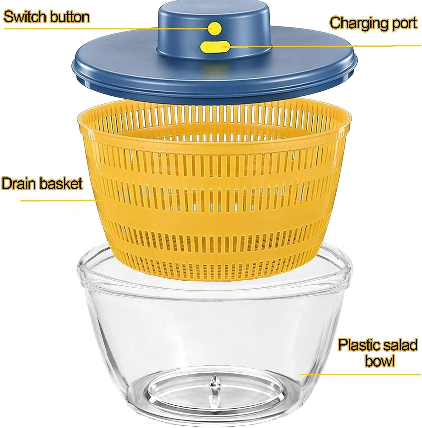 Electric Salad Spinner, 4L Wireless USB Salad Spinner Dehydrator for Fruit Vegetables, Large Capacity Salad Vegetable Dryer, Quick Drainage Electric Mixer White