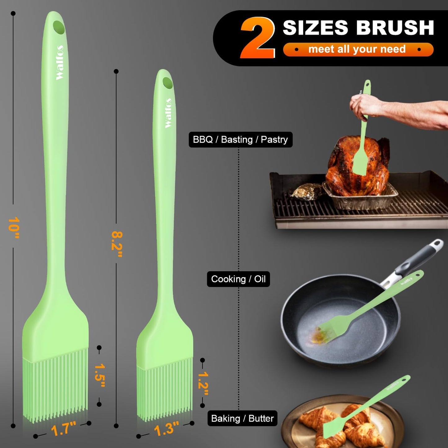 Walfos 600°F Heat Resistant Silicone Basting Brushes BPA Free Pastry Brush, Spread Oil Butter Sauce for BBQ Grill Baking Kitchen Cooking, Dishwasher Safe (2 SIZE)