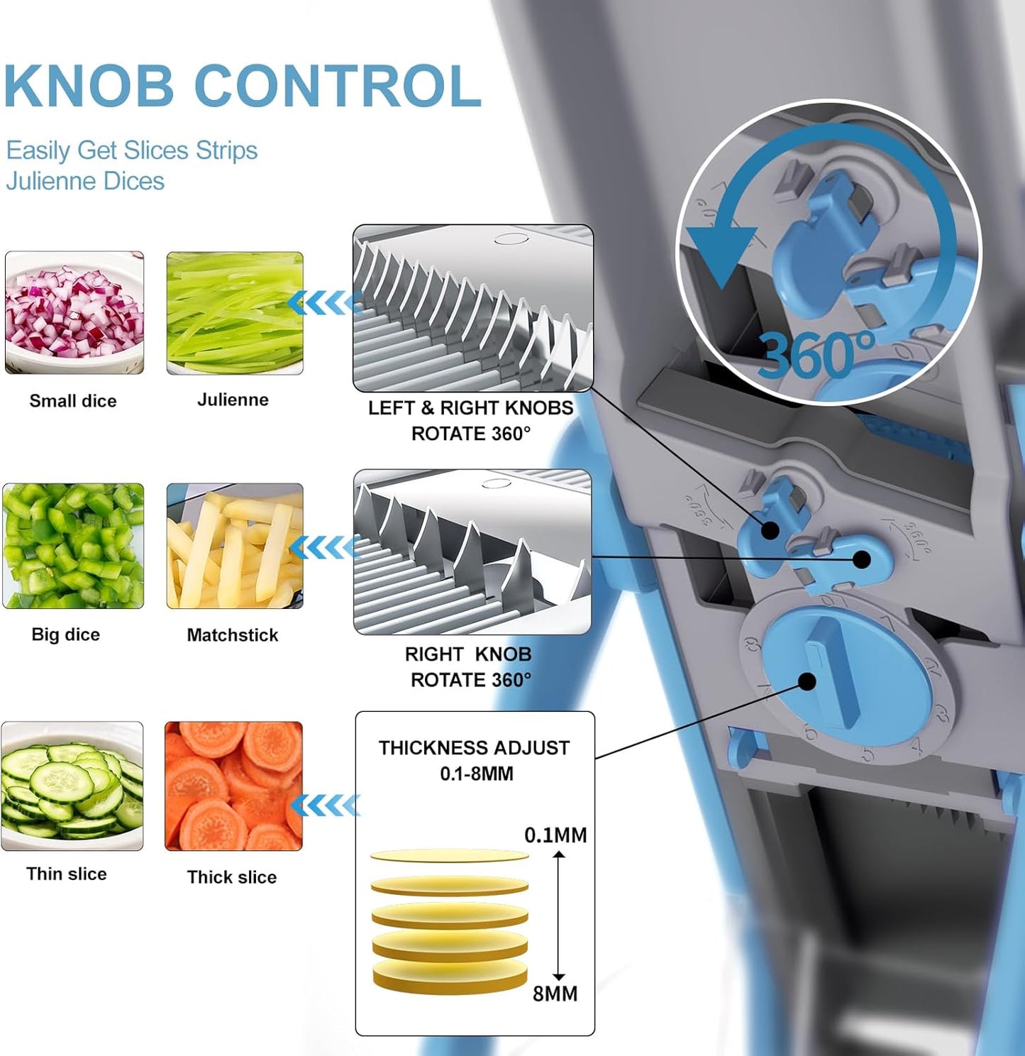 Safe Mandoline Slicer for Kitchen, 6 in 1 Vegetable Chopper, French Fry Cutter For Potatoes, Potato Slicer,Food Chopper,Adjustable Thickness 0.1-8 mm, With Peeler/Cleaning Brush (Black)