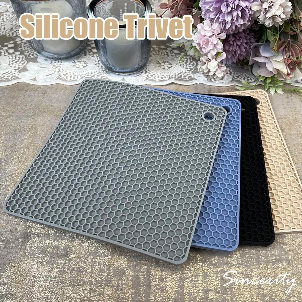 4 Pieces Silicone Trivet Mats, Pot Holders, Kitchen Tools, Heat Resistant Non-Slip Durable Pads for Dishes, Bowls, Jar Opener, Easy to Wash and Dry Pan Cushions (Beige)