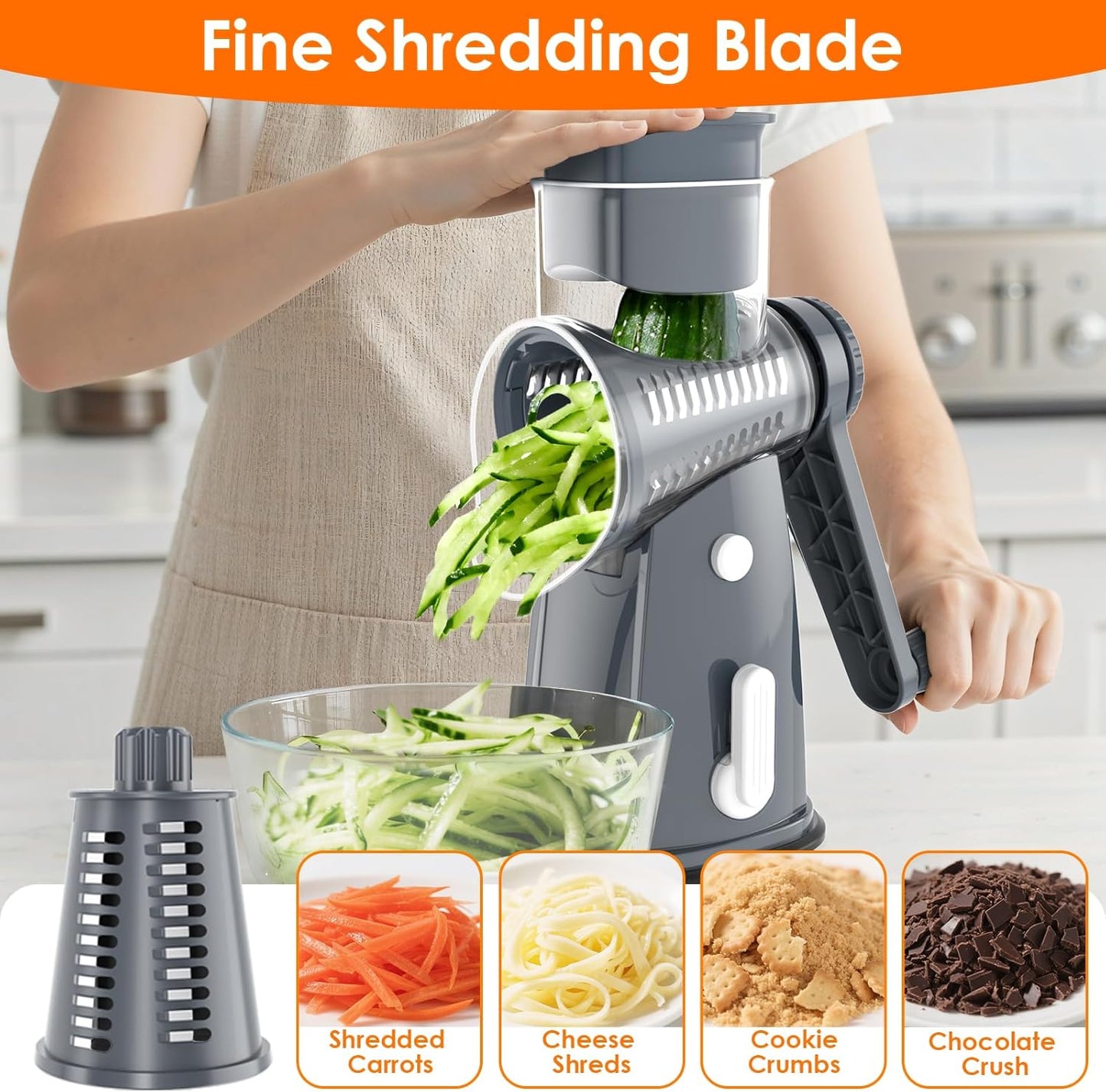 MealHelper 5 Blade Rotary Cheese Grater and Vegetable Chopper with Storage Box and Hand Crank, Compact Shredder for Cheeses, Veggies, Nuts - Easy to Use, Non-slip Suction Base,White