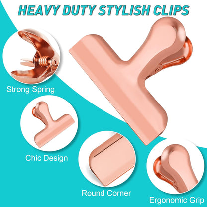 Funfery Chip Clips Bag Clips Gold Stainless Steel Clip for Food Storage,Air Tight Seal Chip Bag Clip 3 Inch Strong Food Clipp for Snack,Chips,Kitchen Decor,Home&Office Paper Heavy Duty-8 Pack