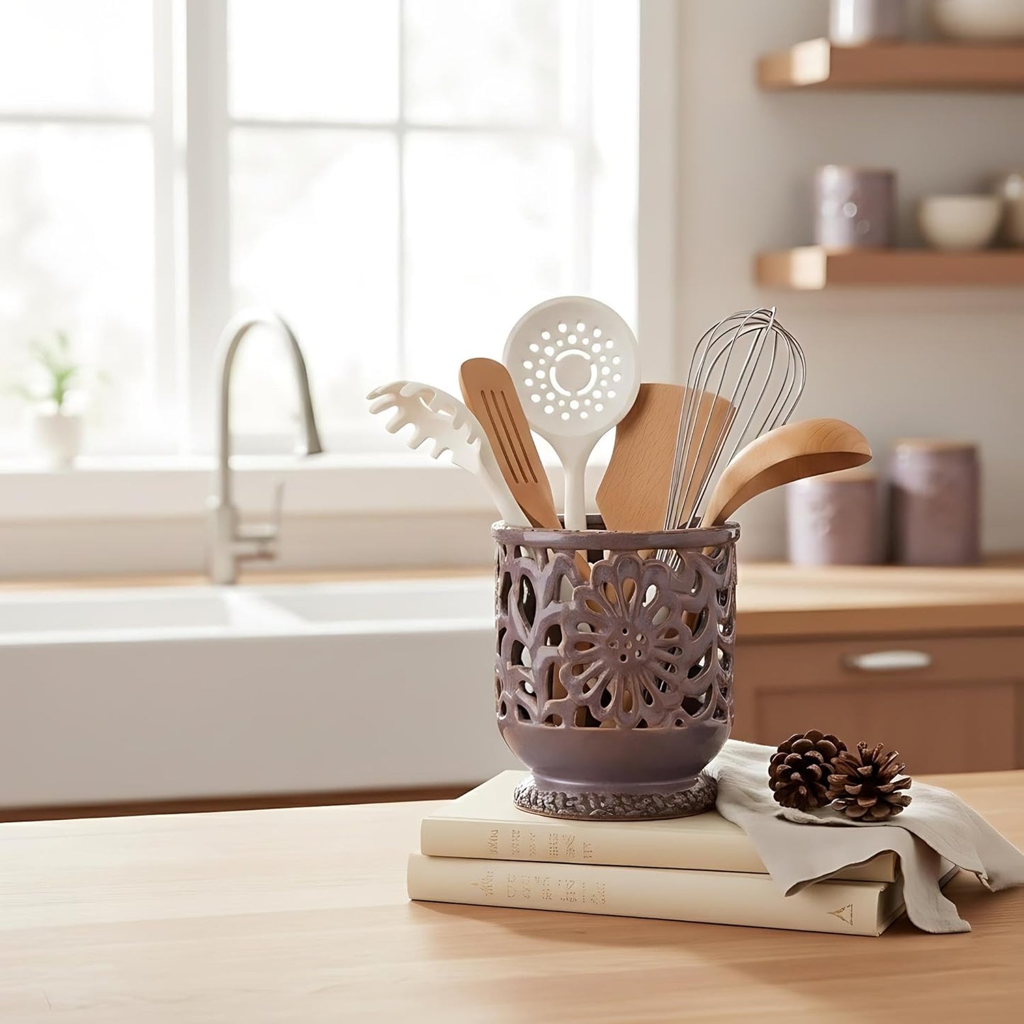Farmhouse Kitchen Utensil Holder for Countertop, Ceramic Large Cooking Utensil Crock with Cork Mat, Decorative Rustic Utensil Holder for Kitchen Counter, Hollow Carving Flower, Blue