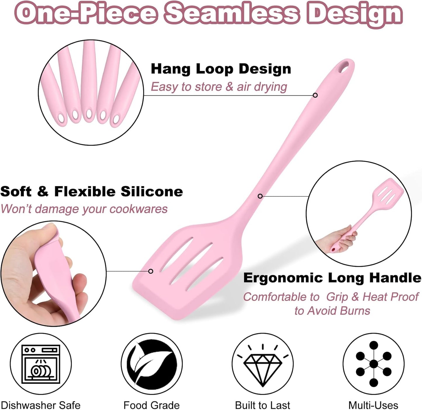 TeamFar Silicone Cooking Utensil Set of 7, Black Kitchen Nonstick Tools Turner Spoon Spatula Ladle Pasta Server for Nonstick Cookware, Healthy & One-Piece, Anti-Heat & Dishwasher Safe
