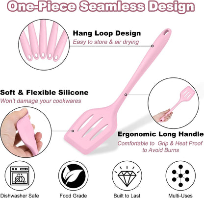 TeamFar Silicone Cooking Utensil Set of 7, Black Kitchen Nonstick Tools Turner Spoon Spatula Ladle Pasta Server for Nonstick Cookware, Healthy & One-Piece, Anti-Heat & Dishwasher Safe