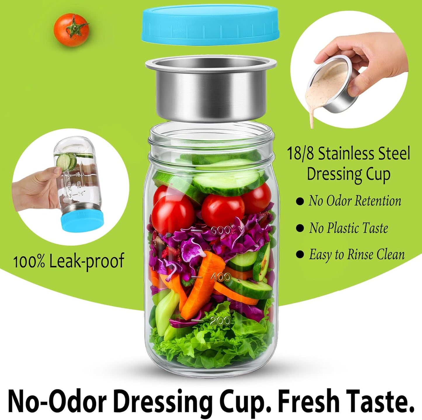 KTKUDY 4 Pack 32 oz Glass Salad Jars with Dressing Cups (Pod) - Meal Prep Salad Container for Lunch - Leakproof Mason Jars with Lids