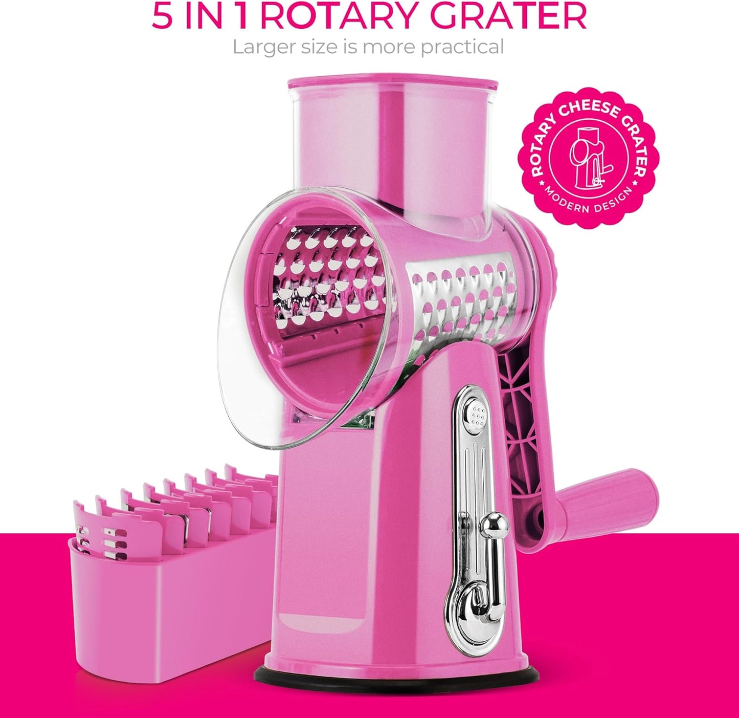 SUSTEAS Rotary Cheese Grater with Handle - Vegetable Shredder with 5 Well-designed Blades & Strong Suction Base,Round Mandoline Slicer & Food Chopper for Kitchen,with Blade Storage Box(Beige)