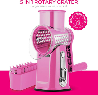 SUSTEAS Rotary Cheese Grater with Handle - Vegetable Shredder with 5 Well-designed Blades & Strong Suction Base,Round Mandoline Slicer & Food Chopper for Kitchen,with Blade Storage Box(Beige)