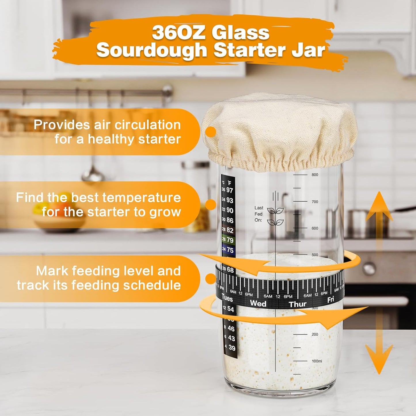 Sourdough Starter Kit, 9'' Round Banneton Proofing Basket, 36oz Sourdough Starter Jar, Bread Lame, Dough Scraper, Dough Whisk & Silicone Bread Sling