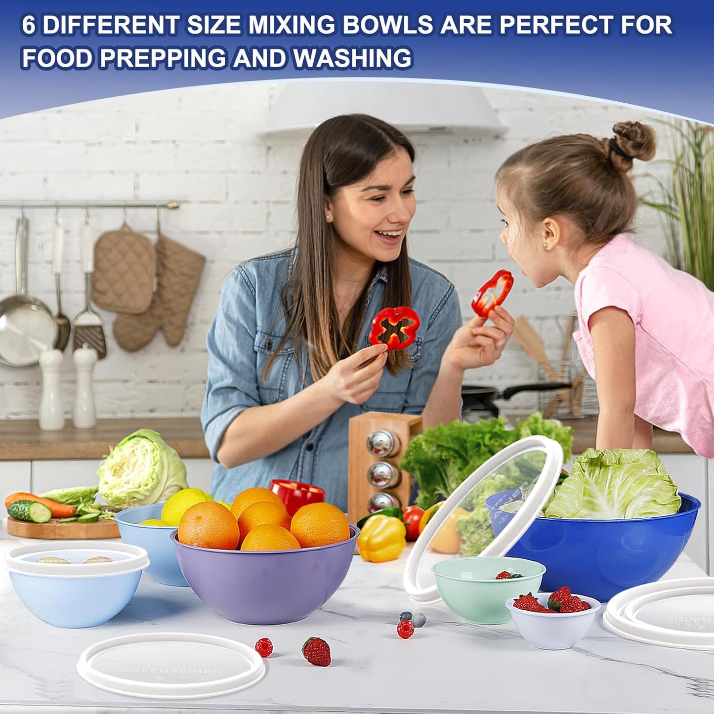 Greentainer Plastic Mixing Bowls with Lids Set for Kitchen, 6 Set Nesting Bowls for Mixing, Baking, Prepping, Cooking and Serving Food, Mixing Bowls Dishwasher, Microwave Safe