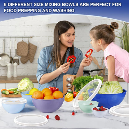 Greentainer Plastic Mixing Bowls with Lids Set for Kitchen, 6 Set Nesting Bowls for Mixing, Baking, Prepping, Cooking and Serving Food, Mixing Bowls Dishwasher, Microwave Safe