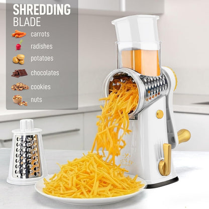 Zulay Kitchen Rotary Cheese Grater 5 Blade Cheese Shredder - Manual Hand Crank Cheese Grater With Reinforced Suction & 5 Interchangeable Drums - Easy to Use, Vegetable Chopper Round Mandoline Slicer - Colors A
