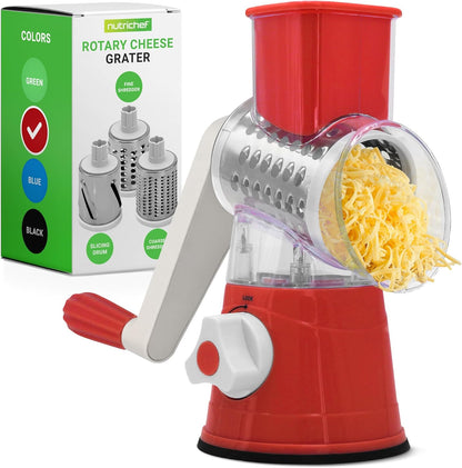 Nutrichef 3 in 1 Cheese Grater & Shredder | Strong Suction Base, Rotary Handle with Safety Lock | Includes Cleaning Brush, Hand Crank & 3 Drum Blades for 3 Textures, Fine, Medium & Strips | Black