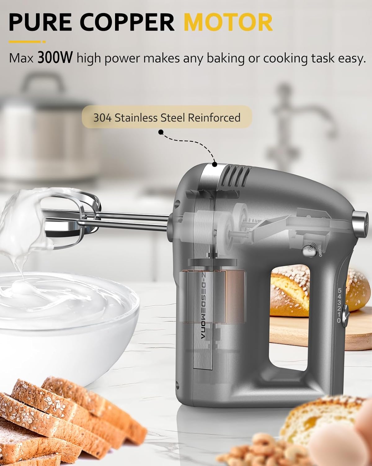 Electric Hand Mixer, Powerful 300W Hand Mixer Electric Handheld with 304 Beaters, Dough Hook,Hand Held Mixer with Turbo for Baking Cakes, Eggs, Cream Food(Black)