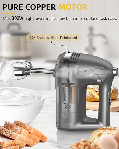 Electric Hand Mixer, Powerful 300W Hand Mixer Electric Handheld with 304 Beaters, Dough Hook,Hand Held Mixer with Turbo for Baking Cakes, Eggs, Cream Food(Black)