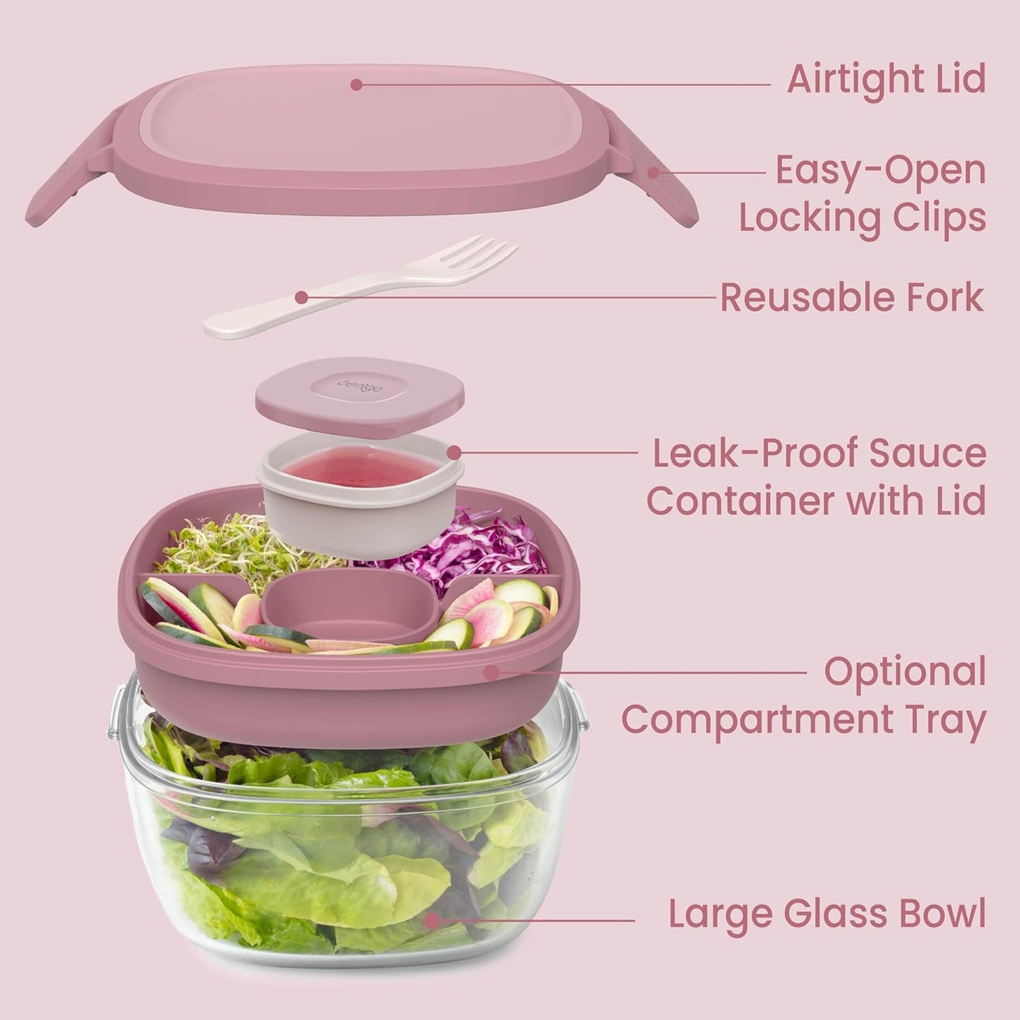 Bentgo Glass Prints Salad Container - 7.6-Cup Tinted Glass Salad Bowl with Airtight Lid, Leak-Proof Sauce Container, 4-Compartment Bento Meal Prep Tray & Reusable Fork (Floral Maximalist - Sea)