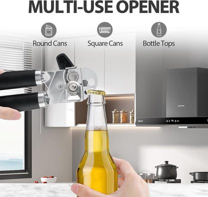 Safring Can Opener Manual, Heavy Duty Handheld Strong Can Opener with Soft Touch Handle, Sharp Blade Smooth Edge, Can Openers with Multifunctional Bottle Opener, Black