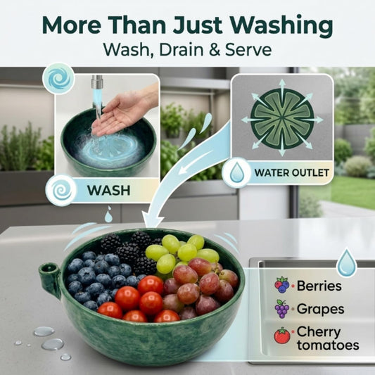 Self Spinning Berry Washing Bowl, Automatic Berry Rinse Bowl with Vortex Washing, 360-Degree Fruit Washer Colander with Built-in Drain Holes for Kitchen, Berries, Grapes and Vegetables (1Pc)