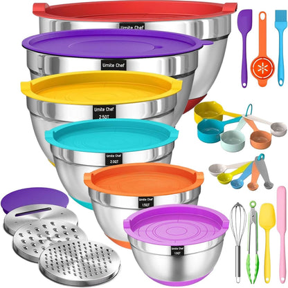Thickened Heavy-Duty 26pcs Stainless Steel Bowl, Mixing Bowl Set with Lid, Grater Attachment, Non-Slip Bottom and Kitchen Gadget Set, Sizes 7, 4, 2.5, 2.0, 1.5, 1QT, Ideal for Mixing and Serving