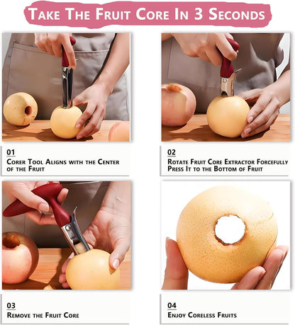 Apple Corer,Stainless Steel Fruit & Pepper Corer Tool with Serrated Blades for Apples,Pears & Bell Peppers | Dishwasher Safe (Red)