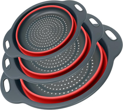 Collapsible Colander 3-Pack Set Space-Saving Foldable Kitchen Strainer with Non-Slip Base Durable Thickened PP+TPE Collapsible Strainers for Pasta, Vegetables, Fruits (Gray-White)