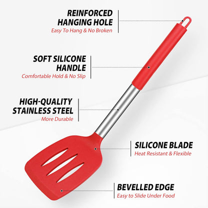Pack of 4 Large Silicone Cooking Spatulas and Spoons, Slotted and Solid Stainless Steel Cooking Utensils Set, Non-stick Heat Resistant Kitchen for Baking, Fried, Stir-Fry, Mixing, Serving (Black)