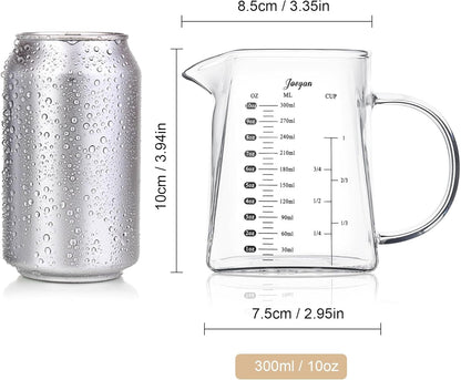 Joeyan 10 oz Small Glass Creamer Pitcher,V-Shaped Glass Measuring Cups with Handle and Spout,Clear Borosilicate Espresso Shot Glasses,Milk Coffee Tea Jug Frother Cup,Square Base