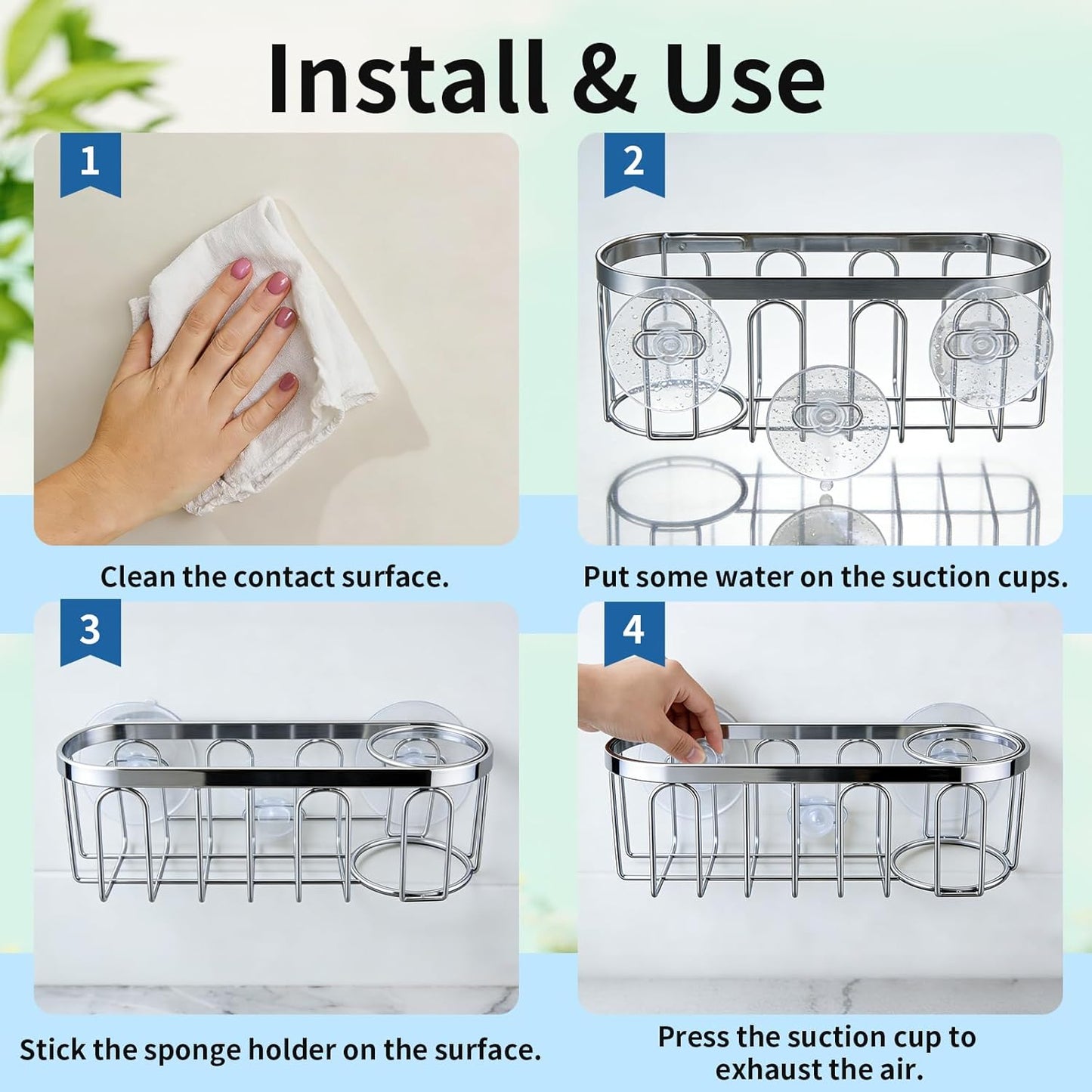 2-in-1 Sponge Holder for Kitchen Sink, Sink Caddy Kitchen Sink Organizer with 3 Suction Cups, No Drill Rustproof Sink Sponge Holder for Dish Brush, Soap & Sponge (Silver)