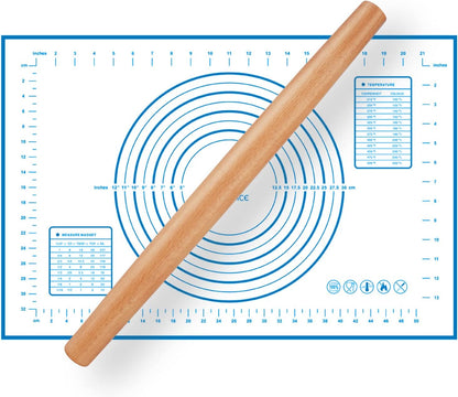Wood French Rolling Pin for Baking, QUELLANCE Wooden Dough Roller with Silicone Baking Mat, Beech Wood Rolling Pins for Baking Dough, Pizza, Pie, Pastries, Pasta and Cookies,Blue Pastry Mat