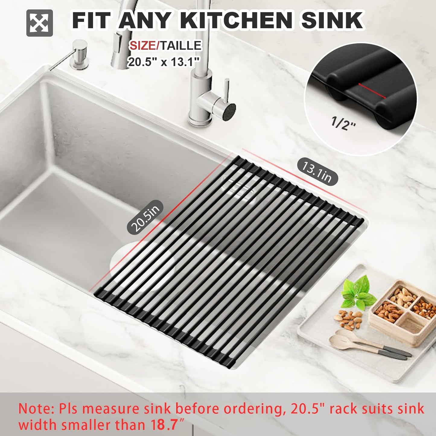 MERRYBOX Roll Up Over The Sink Dish Drying Rack Silicone Wrapped Foldable, Heat-Resistant, Anti-Slip Sink Rack Multipurpose Dish Drainer for Kitchen Sink Counter - White, 17.5" x 11"