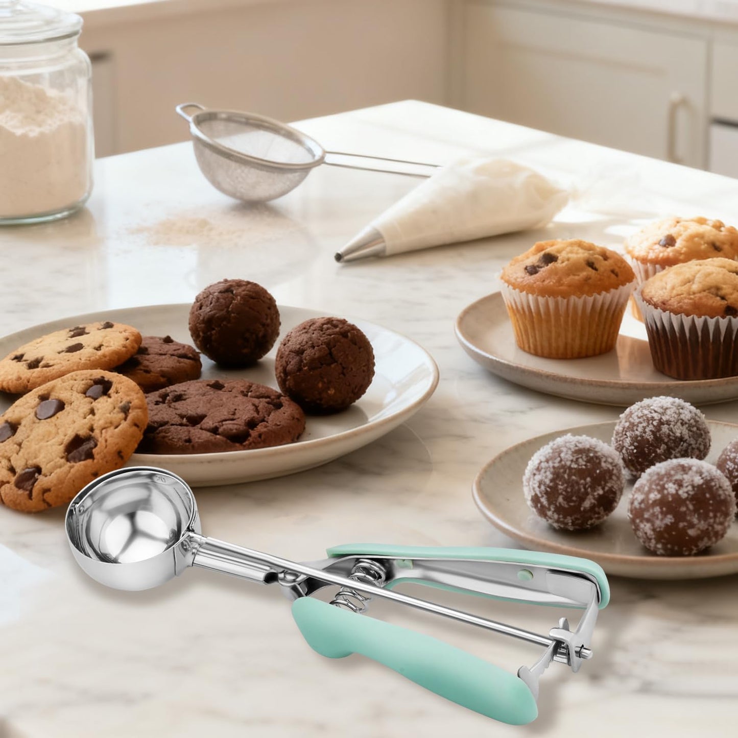 Cookie Scoops for Baking Set of 2, Pink Handle 18/8 Stainless Steel Ice Cream Scoop Set with Ergonomic Soft Grip, Spring Trigger Release Cookie Dough Scooper for Cupcakes, Muffins, Meatballs, Melon